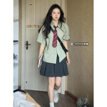 小个子韩系复古短袖衬衫套装女夏季新款百褶半身裙学院风宽松上衣
