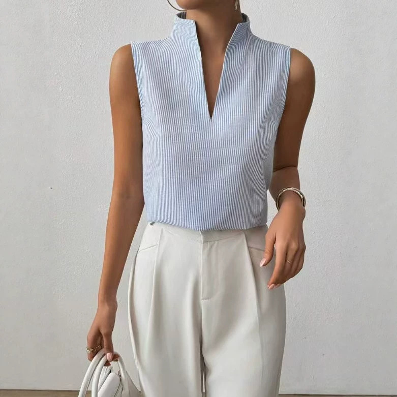 European and American Cross-Border 2026 Summer New Women's Top, Solid Color V-Neck Slim-Fit Sleeveless Textured Short-Sleeve Shirt