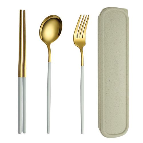 Cross-border stainless steel Portuguese chopsticks, spoons, and forks three-piece set portable gift tableware set factory wholesale