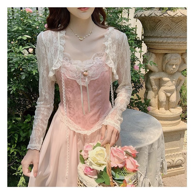 Gentle Style Lace Sun Protection Clothing for Women in Summer with Suspender Skirt and Small Shawl Short Slim Long-Sleeved Blouse Jacket