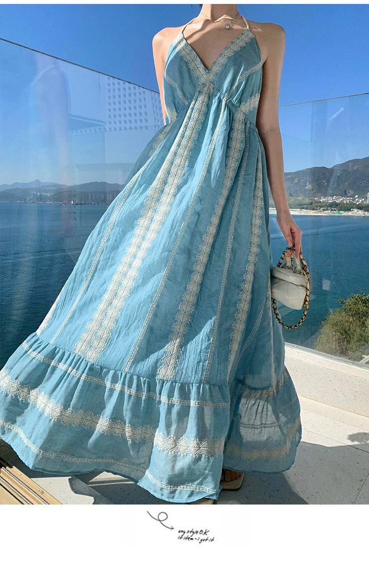 Light Blue Resort-style Backless Halter Neck Dress, Bohemian Heavy Embroidery Long Dress For Women_ecoleips.com