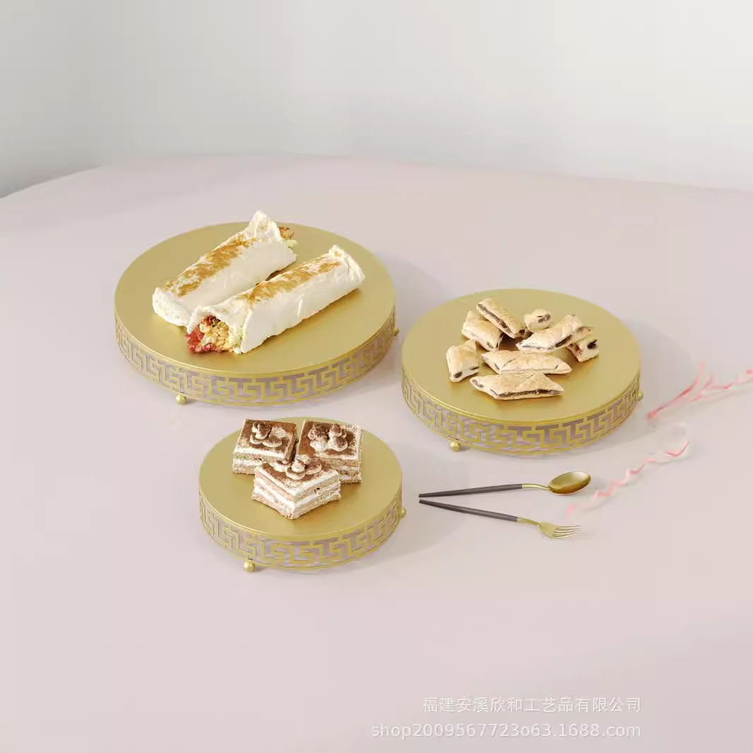 Fijación de pastel de hierro forjado de oro / bandeja de pastel de tres piezas / bandeja de frutas / bandeja de bodas de West Point