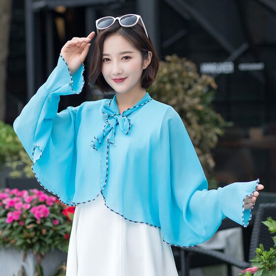 Sun Protection Shawl Summer Long-sleeved Ruffled Chiffon Thin Breathable Silk Scarf Cycling Sun Protection Clothing for Women