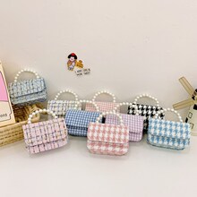 新款秋冬千鸟格珍珠手提儿童斜挎包幼儿园小朋友DIY裸包厂家批发
