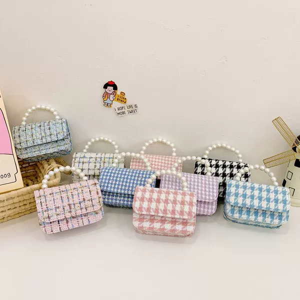New Autumn and Winter Houndstooth Pearl Hand-Held Kidsren's Crossbody Bag Kindergarten Kidsren DIY Naked Bag Manufacturer Wholesale