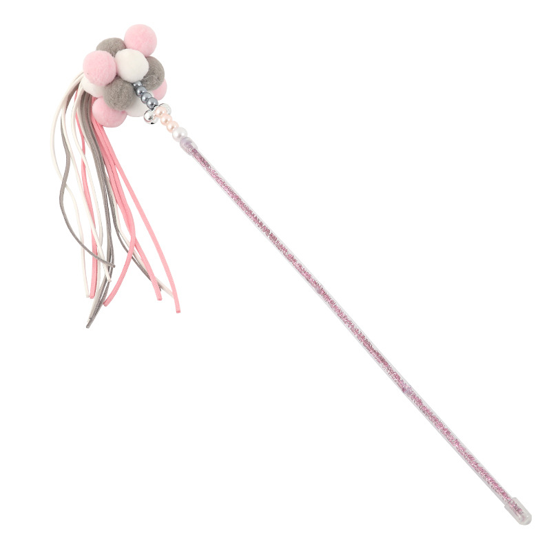 Nuevos suministros para mascotas en línea celebridad de hadas divertido gato palo coreano hecho a mano borla perla pluma campana divertido gato juguete