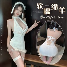 情趣内衣性感挂脖毛绒绑带绵羊连衣裙套装女情性趣制服诱惑睡衣女