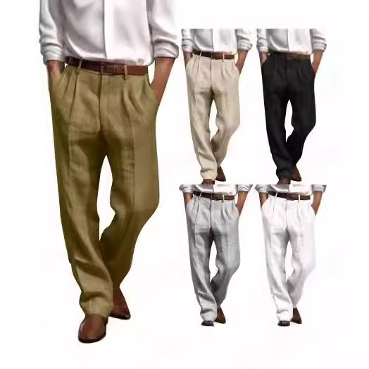 European and American Cross-border 2024 Autumn New Men's Linen Trousers Double Pleated Front Bag Straight Solid Color Comfortable Breathable Casual