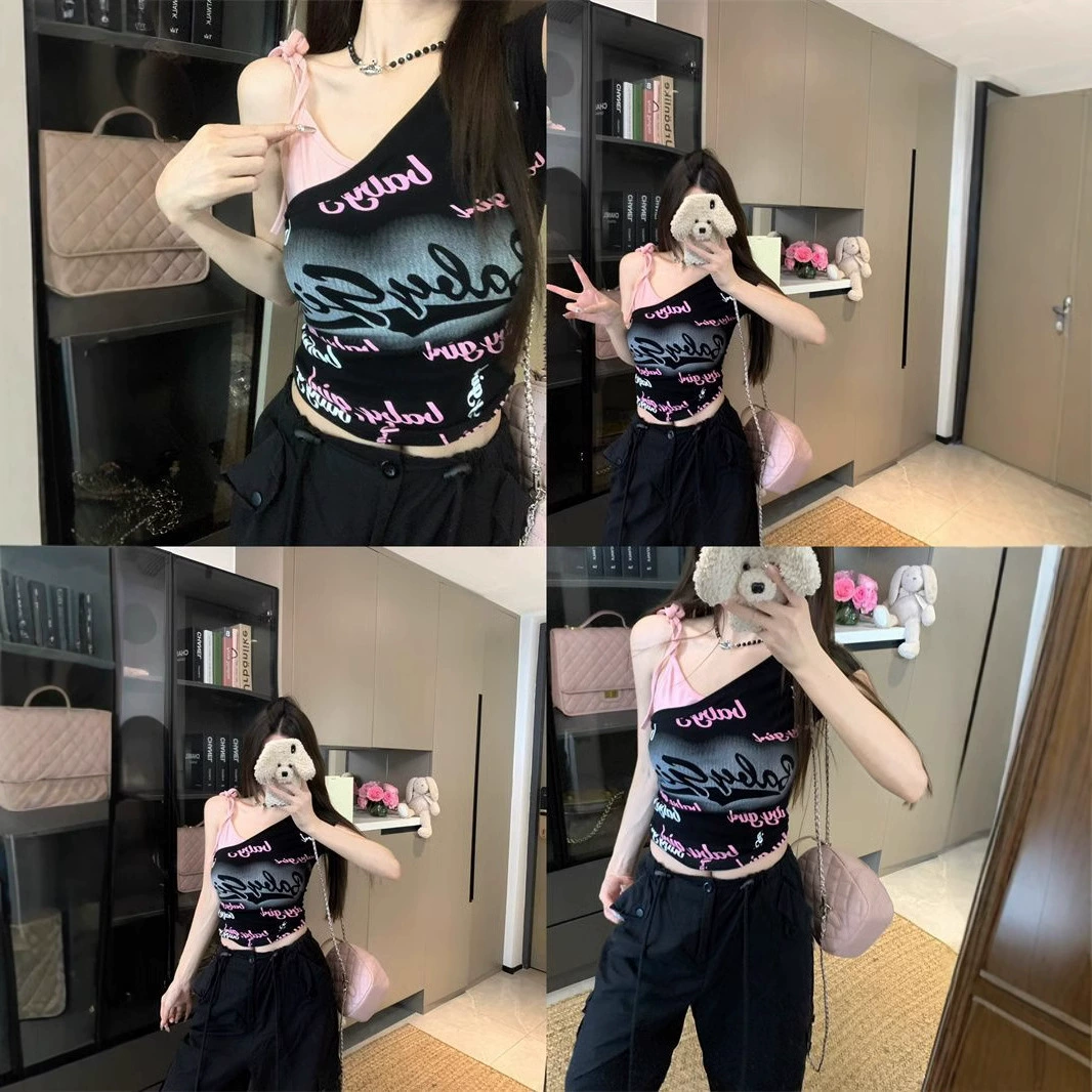 Чисто сексуальная черная буква косая рубашка с короткими рукавами женская летняя стройная девушка высокого уровня дикий топ с открытыми плечами