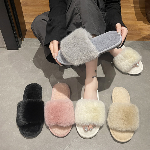 Amazon Slippers Winter Large Fur Solid Color Fashion Slippers Indoor Warm Home Furry Slippers Women's Foreign Trade