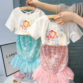 伊伊家2023春夏新品女童 亮片烫画美人鱼裙套装甜美短袖泡泡袖