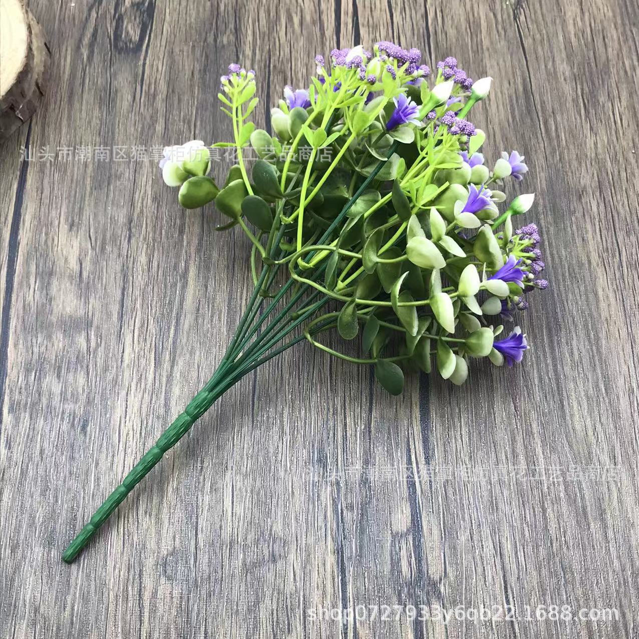 Decoración de flores artificiales de tres puntas, violeta eucalipto, hogar de bodas, 6 flores falsas, ramos de mano, accesorios de tiro