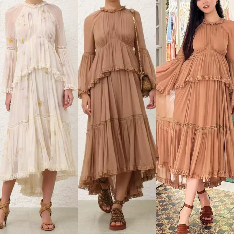 2025 Autumn New Daisy Pattern Waist Ruffle Decoration Dress 3 Colors