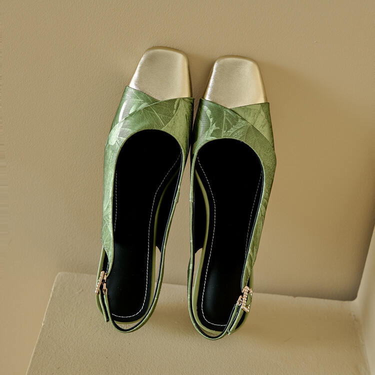 Sandal bít mũi nữ da bò phối màu gót thô 5 cm — Màu xanh lá, Màu mơ chi tiết 36