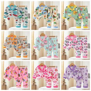 2025 Children's Clothing Children's Pajamas Autumn Open Button Long-Sleeved Pants Boys and Girls Home Clothes Sets Factory Direct Supply