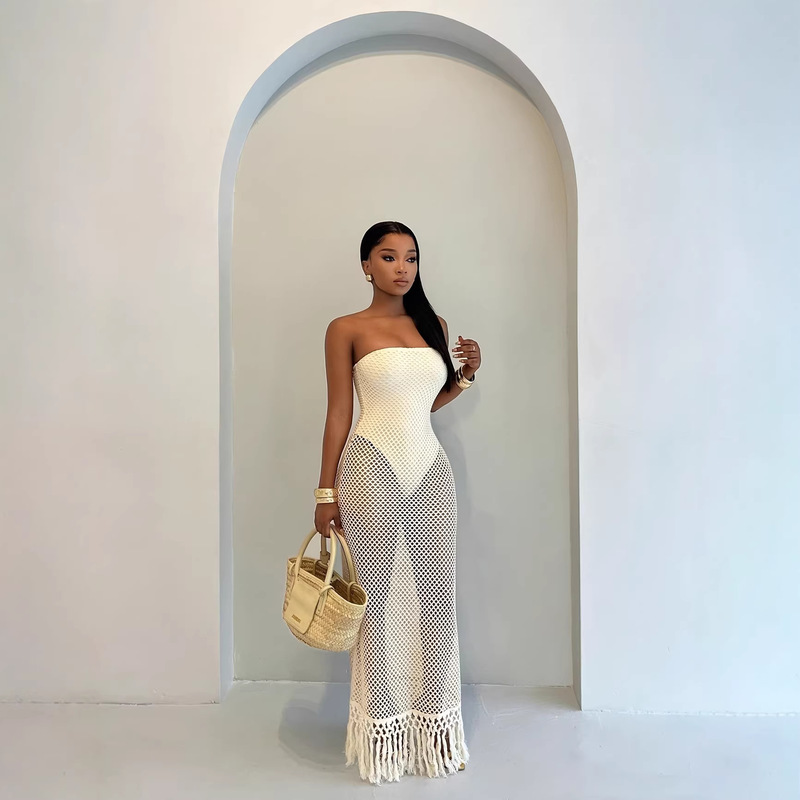 Summer New Amazon Resort Style Women's Clothing Tube Top Hollow Sexy Knitted Personalized Dress Two-Piece Set