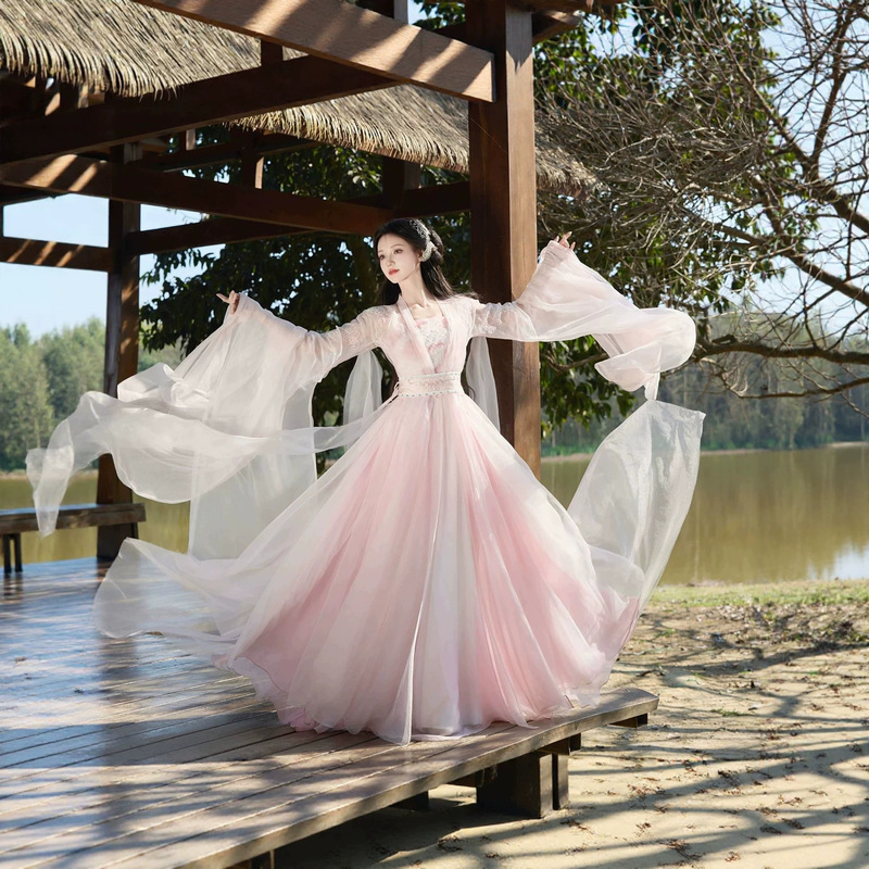 【Rouge】Fairy-Style Large-Sleeved Embroidered Hanfu with Intricate Embroidery from the Wei and Jin Dynasties, Straight-Cut, Ethereal and Cool Ancient Costume