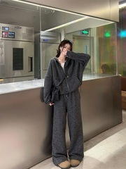 新款秋慵懒风套装宽松连帽条纹外套女秋冬直筒阔腿裤长裤两件套