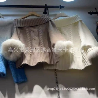 真狐狸毛袖口慵懒风麻花针织斗篷宽松高领打底衫针织衫蝙蝠衫毛衣