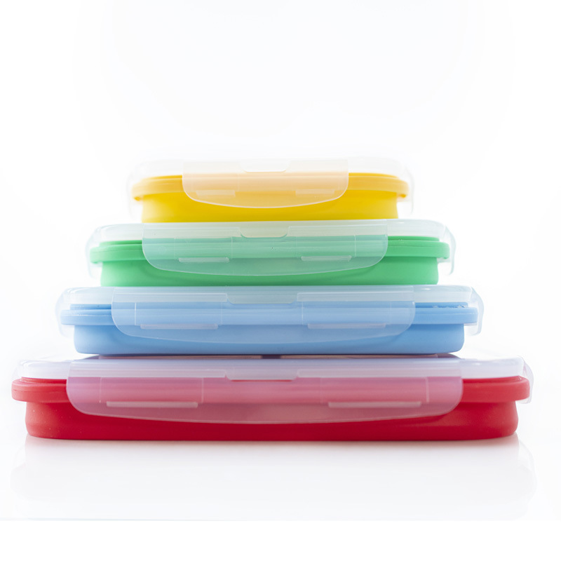 Amazon caja de almuerzo de silicona caliente crisper silicona plegable de cuatro piezas caja de almuerzo de viaje al aire libre en stock al por mayor