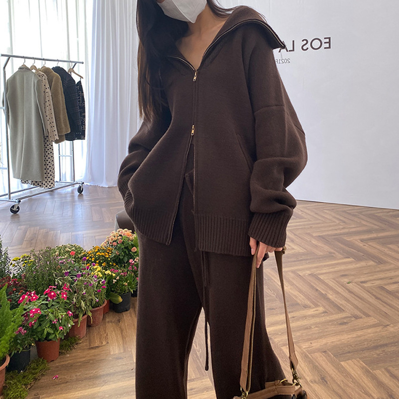 패셔너블하고 게으른 캐주얼 정장 더블 지퍼 라펠 스웨터 가디건 + 스트레이트 레그 할머니 바지 판매 준비 |