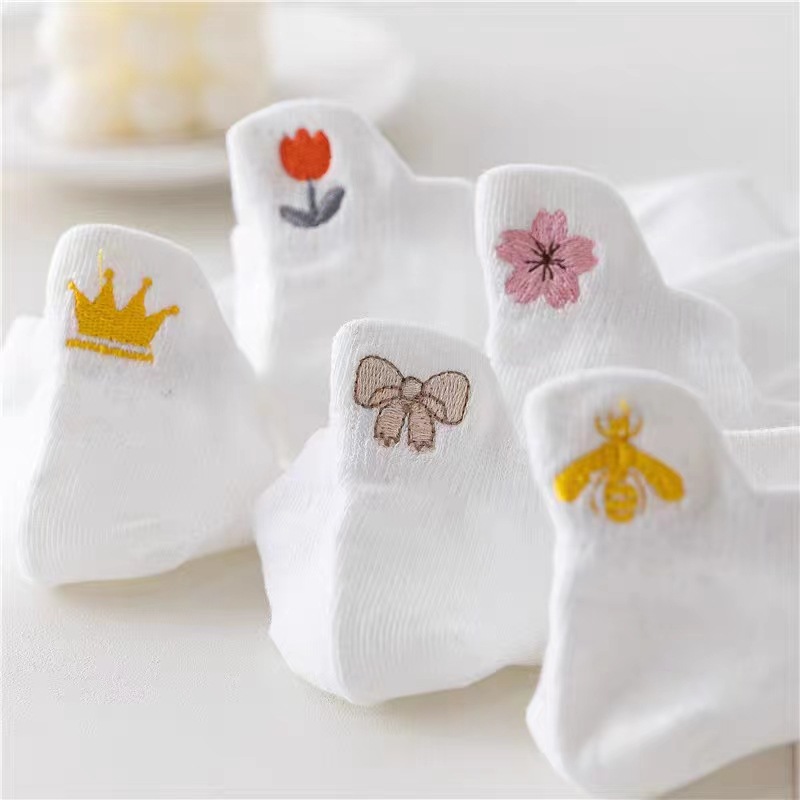 White Socks Women's Spring and Summer Thin Cartoon Flower Tile Boat Socks Japanese Style Cute Students Sports Low-top Short Socks