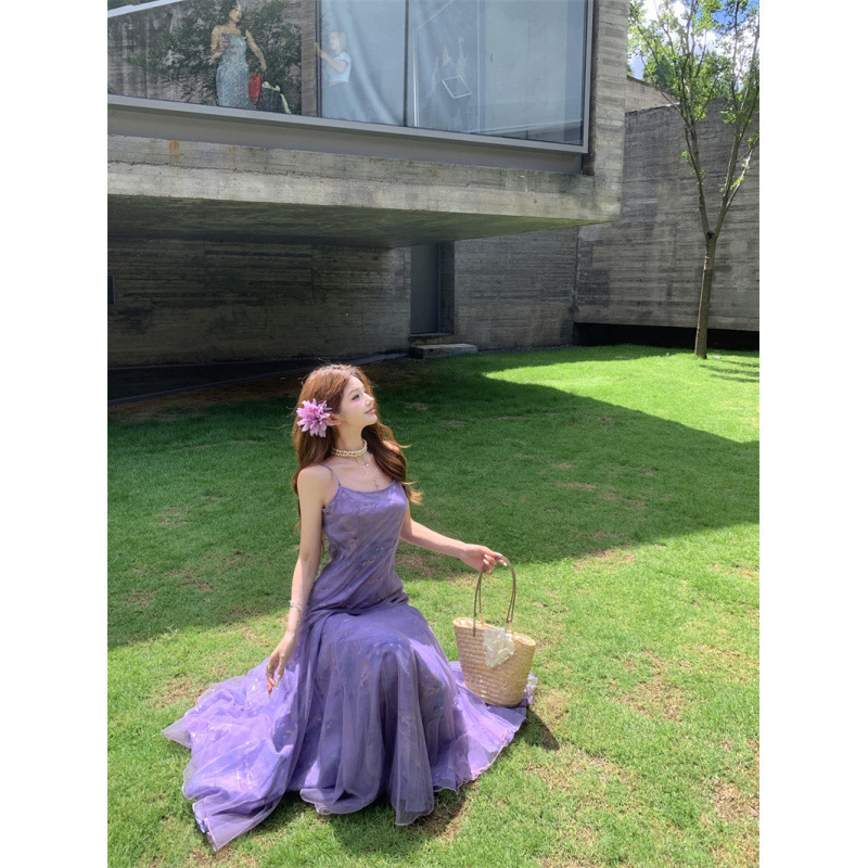 浅紫色油画印花度假风吊带连衣裙 法式茶歇高级感|undefined