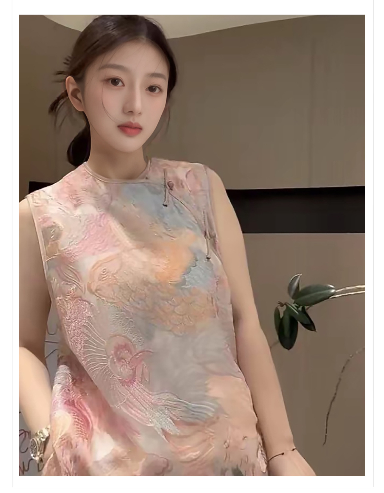 Đầm suông midi thêu phượng hoàng lụa tằm cao cấp phong cách Trung Hoa mới — Màu hồng, Xanh lông công chi tiết 2