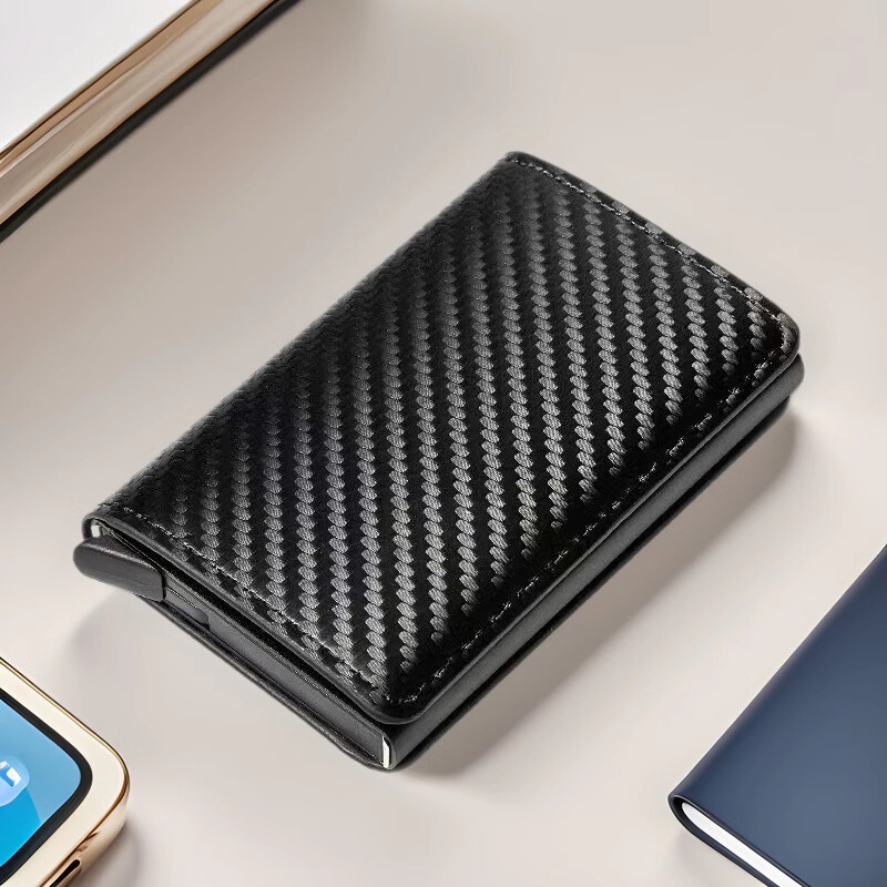 Men and Women's Carbon Fiber RFID Anti-Magnetic Card Bag Automatic Elastic Credit Card Holder Metal Business Card Case Business Gift Business Card