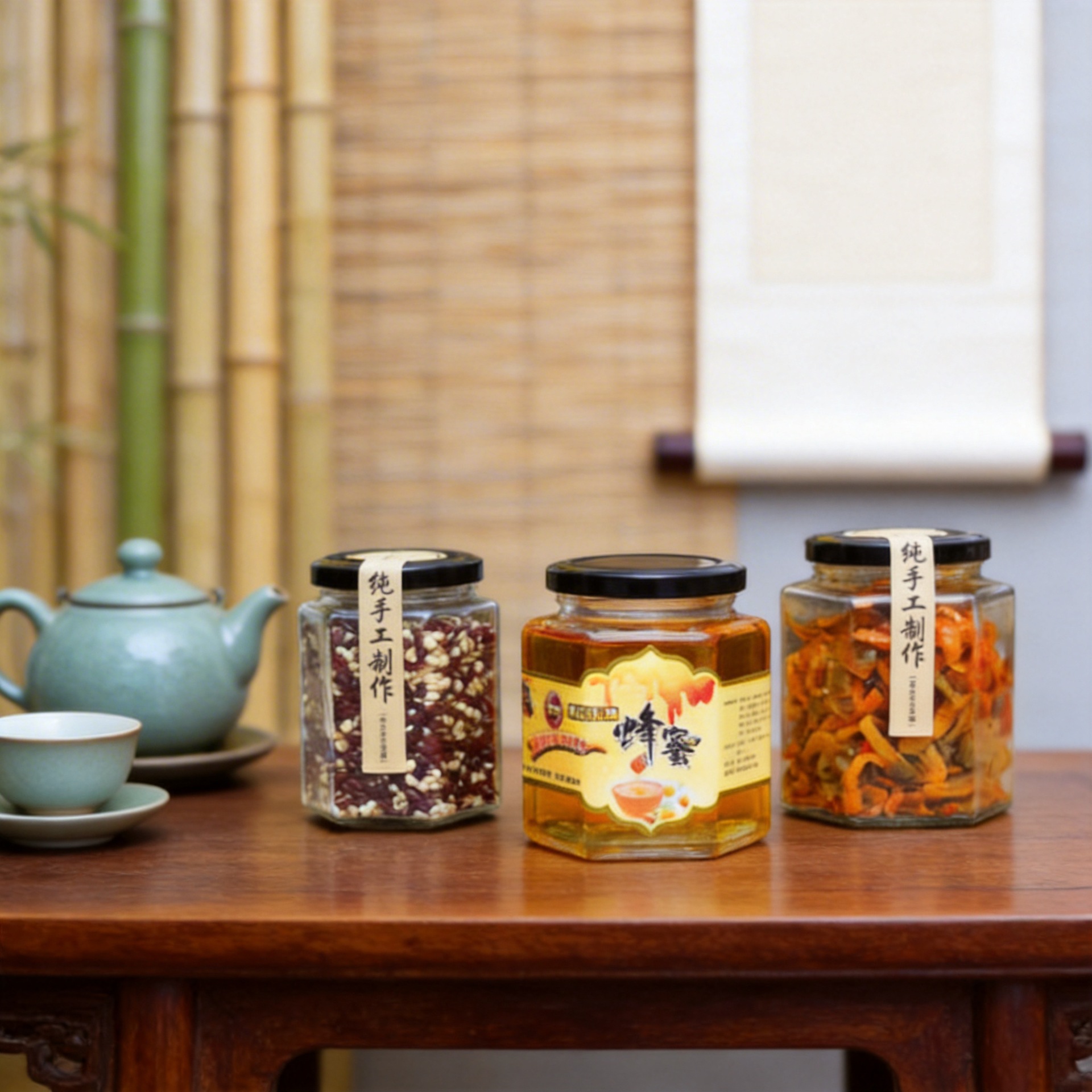 透明六棱蜂蜜瓶玻璃瓶六角酱菜罐头燕窝瓶带盖密封玻璃蜂蜜罐批发