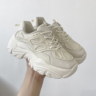2025 Autumn New Thick-Soled Breathable Single-Layer Platform Dad Shoes Sports Ultra-High Heel Kitten Heel White Sneakers Women's Shoes
