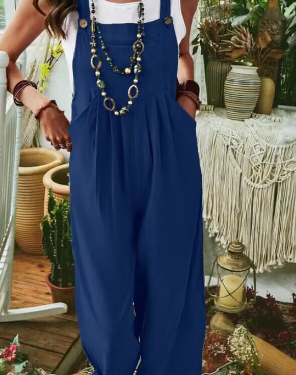 2024 deseo de las mujeres Amazon eBay engrosada algodón lino color sólido sin mangas bolsillo casual pierna ancha hebilla lateral mono