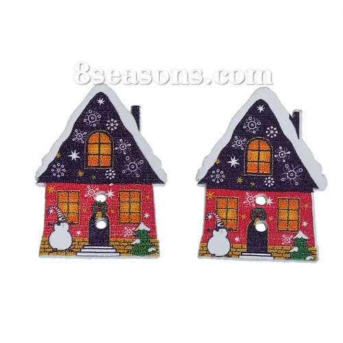 Белый Печатный снеговик шаблон Рождественский дом форма Рождественская серия двойное отверстие деревянные пуговицы-30