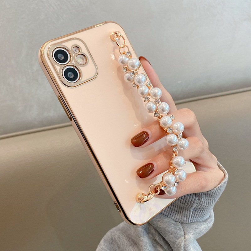 Funda Protectora Rígida de Color Sólido con Galvanoplastia, Apta para Teléfono Apple 17Pro, Funda para iPhone 16ProMax con Cadena de Perlas X