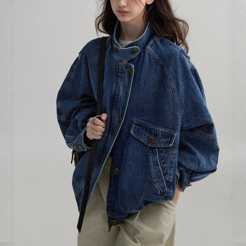 Scandinavian Medieval Style/Washed Denim Texture Flip-Up Collar Contrasting Silhouette Bomber Jacket for Women