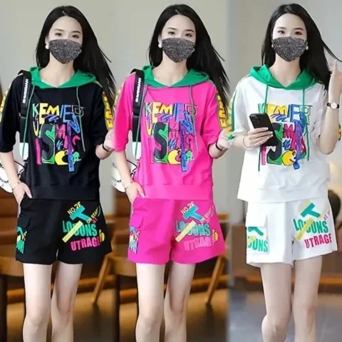 여름 스포츠 캐주얼 반바지 반팔 패션 슈트 새로운 루즈 후드 프린트 슬리밍 투피스 탑