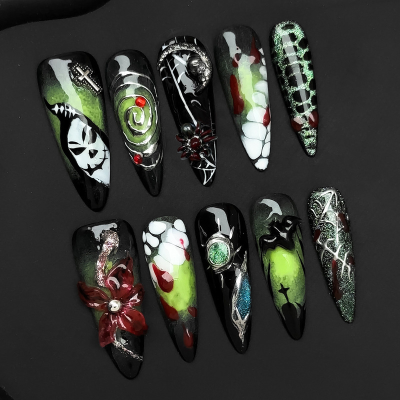 Halloween scream long almond-shaped holiday limited edition embossed 3D ghost face gradient cat-eye nail stickers, 10 pieces, pure handmade Halloween scream long almond-shaped holiday limited edition embossed 3D ghost face gradient cat-eye nail stickers, 10 pieces, pure handmade