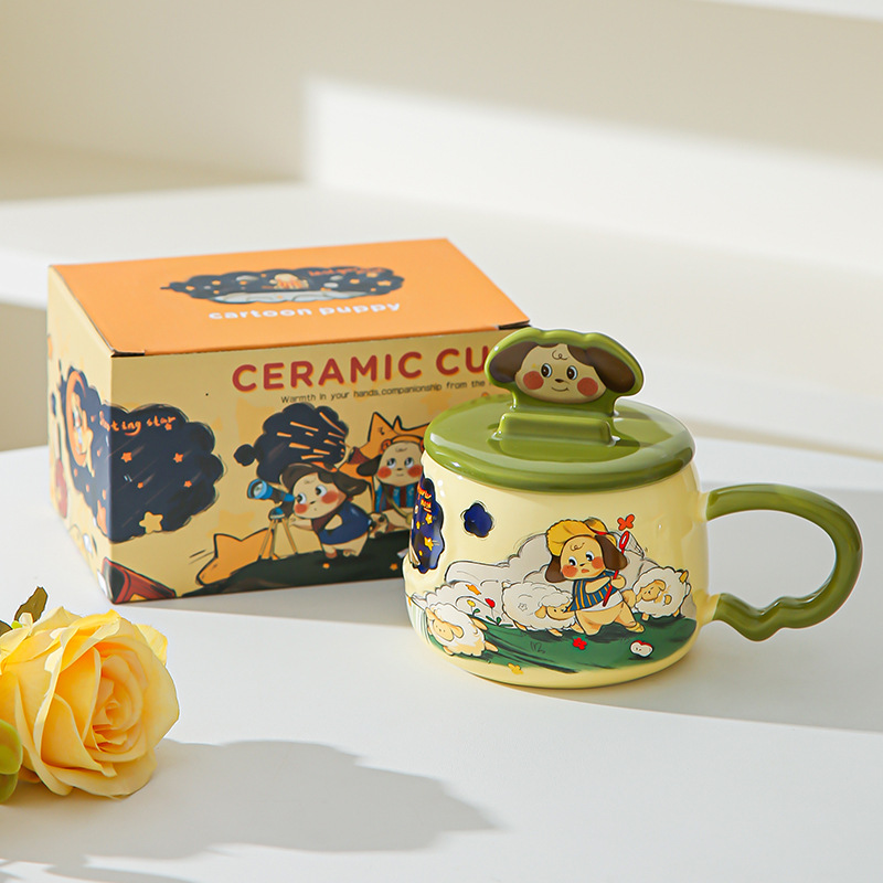 Taza de cerámica de dibujos animados creativos con soporte de teléfono móvil cubierta de taza de agua de oficina casera caja de regalo de alto valor pintada a mano taza de viento