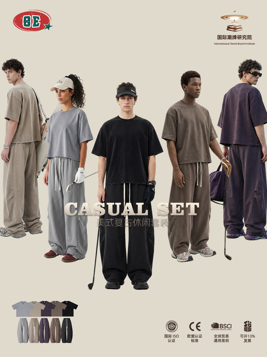 Be Hombres| Retro americano lavado en agua camiseta de mangas cortas cimetiera pantalones rectos BOXY dos piezas para hacer viejo conjunto casual