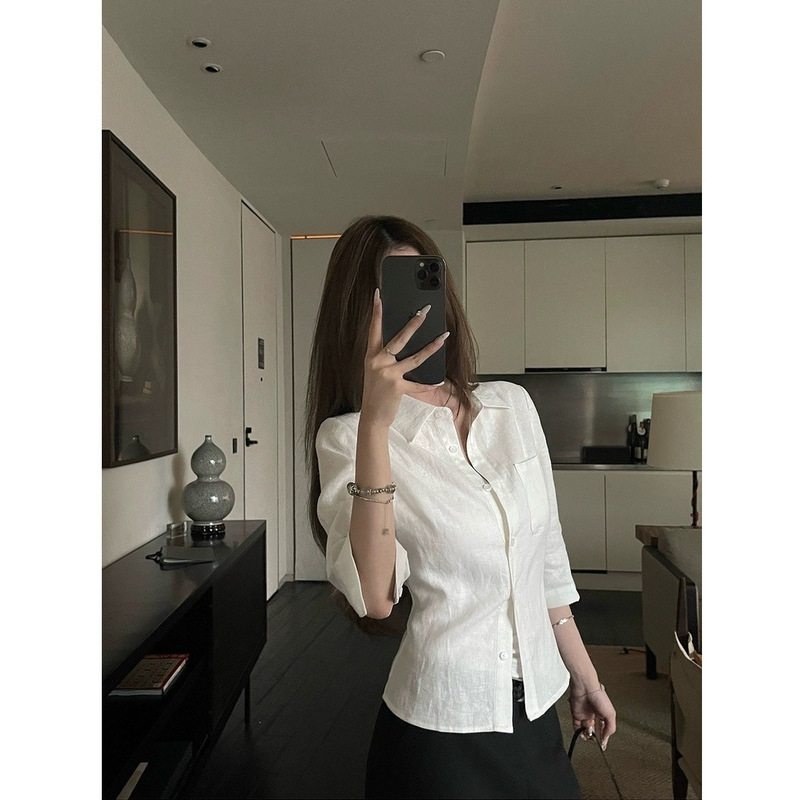 Xzchic100 Linen Mid-Sleeve Shirt for Women 2026 Summer Pleated Shirt Waist-Cinching Top Linen Shirt for Women Xzchic100 Linen Mid-Sleeve Shirt for Women 2026 Summer Pleated Shirt Waist-Cinching Top Linen Shirt for Women