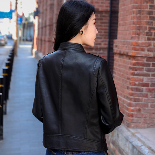 Spring Leather Jacket, Women's Stand Collar Slimming Short Coat, Biker Jacket