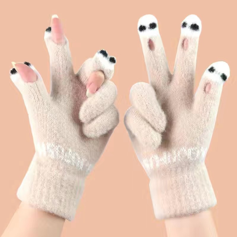 winter thermal knitting gloves wholesale bean fish cute cartoon gloves female student missing finger touch screen knitting wool gloves