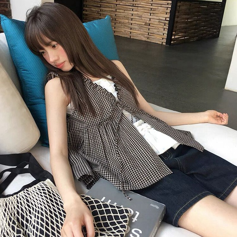 Summer New Korean Retro Style High-End Small Suspender + Plaid Cardigan Shirt Sleeveless Two-Piece Top Summer New Korean Retro Style High-End Small Suspender + Plaid Cardigan Shirt Sleeveless Two-Piece Top