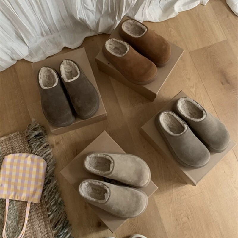Cowhide Version 2025 Autumn and Winter Big-Headed Ugly Snow Boots Muller Toe-Toe Half-Drag Curly Birkenstock Shoes for Women Chestnut Color