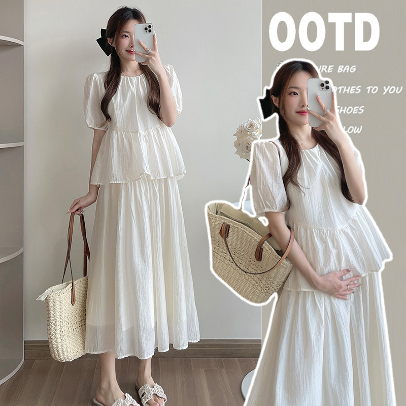 Maternity Dress Summer High-End Fashion New Korean Style Sweet Temperament Loose Cover Pregnancy Belly Fake Two-Piece Dress