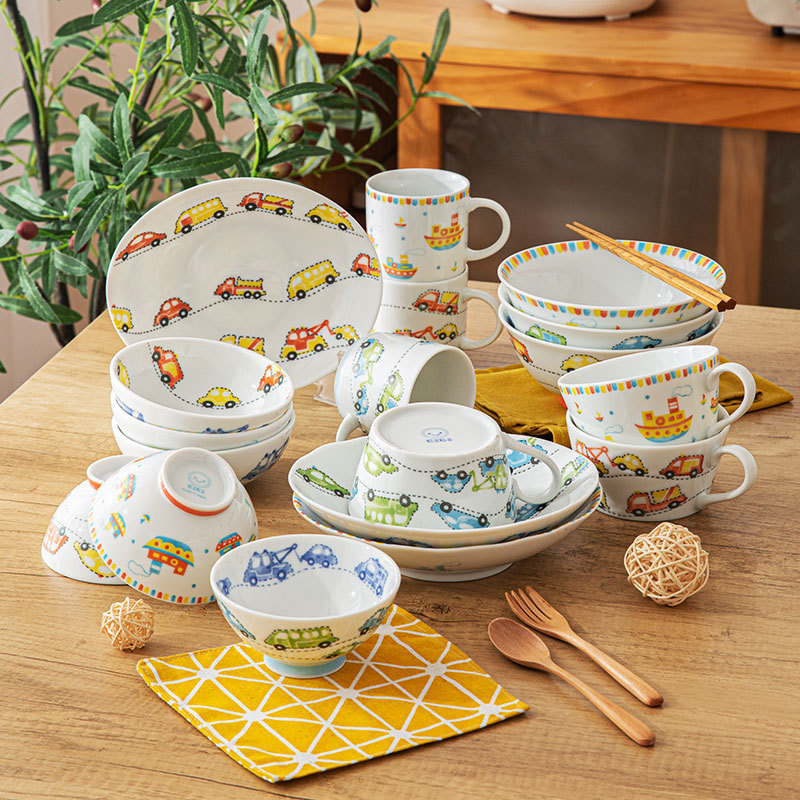 Japanese Imported Cartoon Ceramic Tableware Colorful Car World Colorful Boat Children's Ceramic Rice Bowl Dinner Plate Cup
