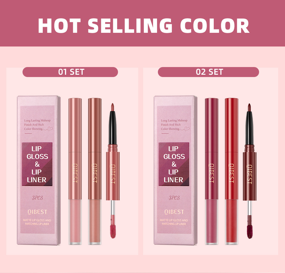 QIBEST Cross-border Two-in-one Lip Gloss and Lip Liner Pen Waterproof matte Velvet Non-smudging Double-head Lip gloss Set wholesale undefined