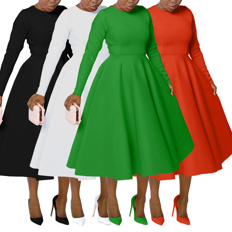 N8128 Export Women's Clothing 2025 Autumn and Winter New Style Elegant Pure Color Round Neck Long Sleeve Knife Back Large Hem Dress