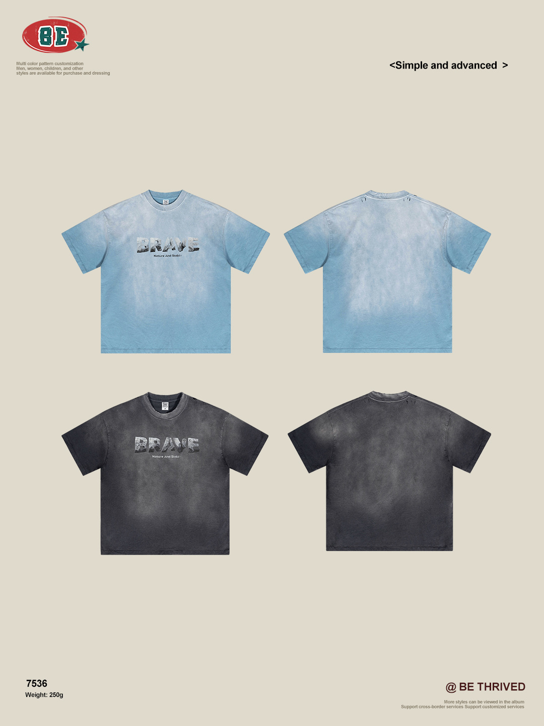 BE ropa de hombre de verano 2025 marca de moda americana pesada teñida con agua lavada para hacer viejas camisetas de estilo callejero letras de manga corta camisetas para hombres