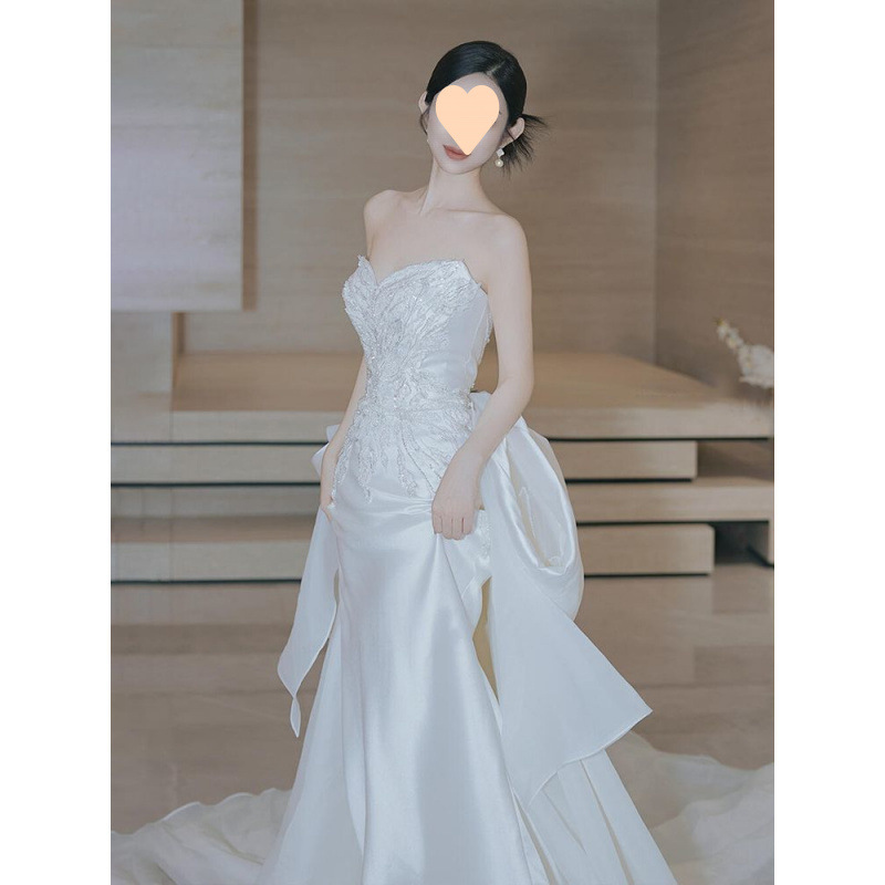 Abito da sposa elaborato in stile francese, nuovo modello 2025, abito formale a sirena in raso, semplice ed elegante._voghion.com